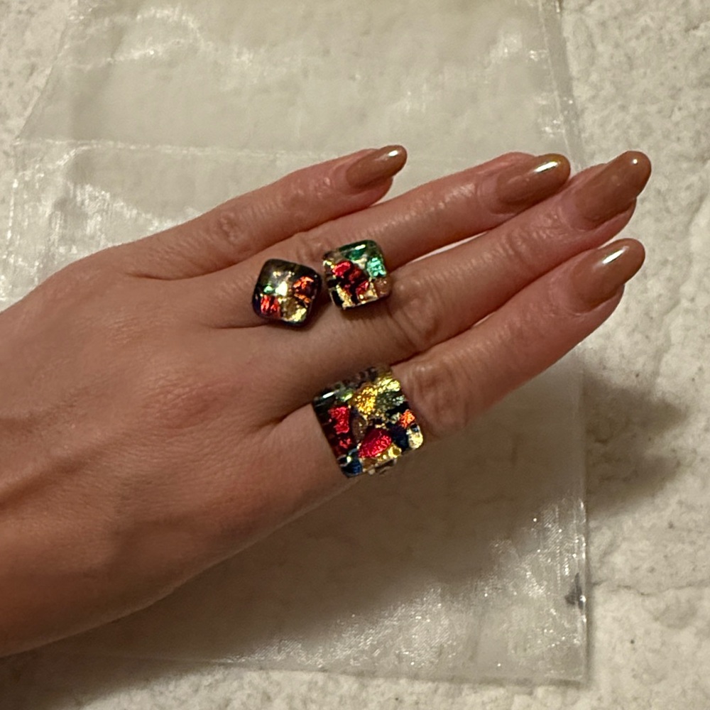 Venice Italian Murano Glass Colorful Stud Earrings and Adjustable Ring Set - NEW
